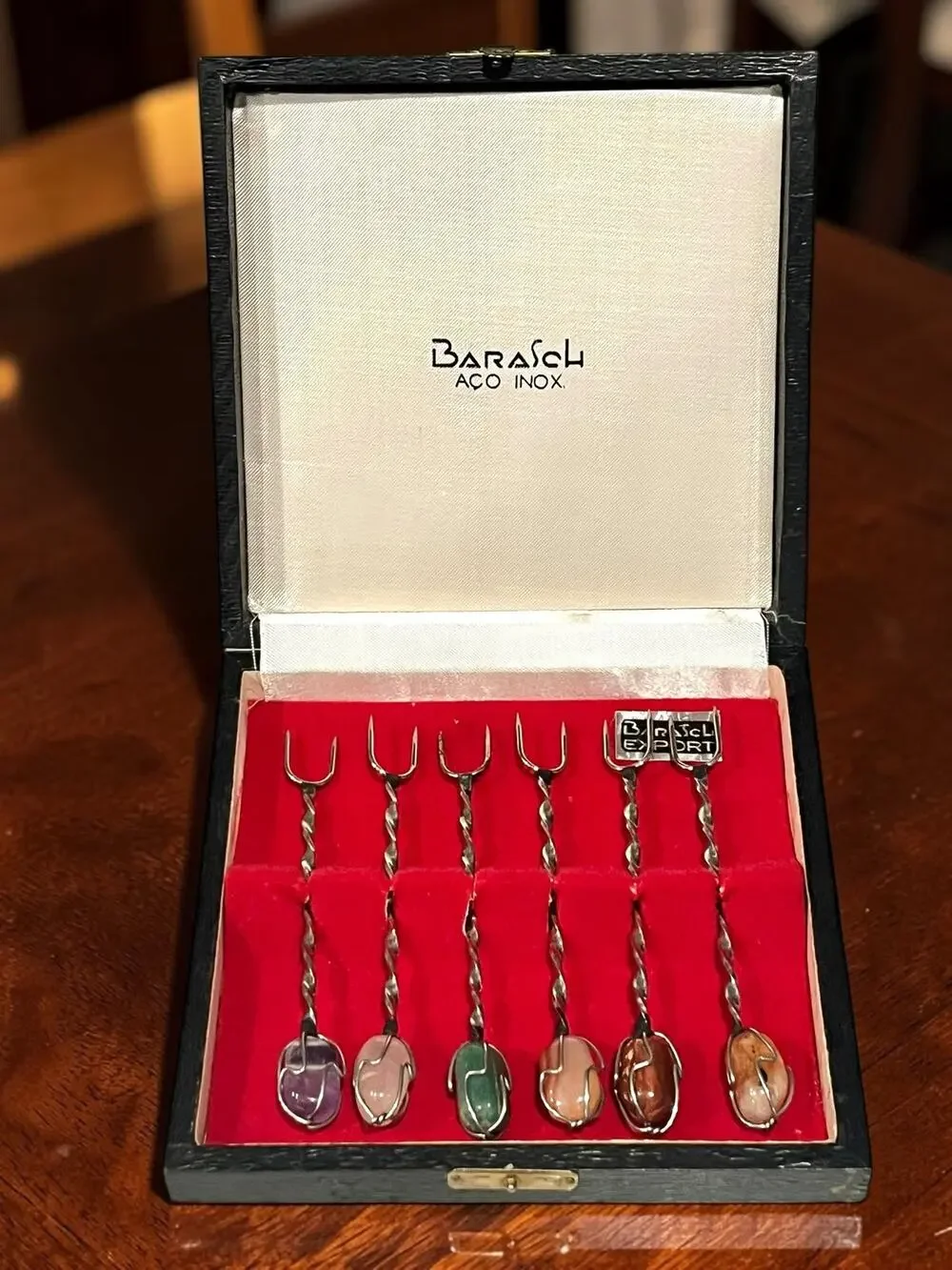 Vintage Barasch Aco Inox Cocktail Forks Semi Precious Gemstones Brazil Set of 6